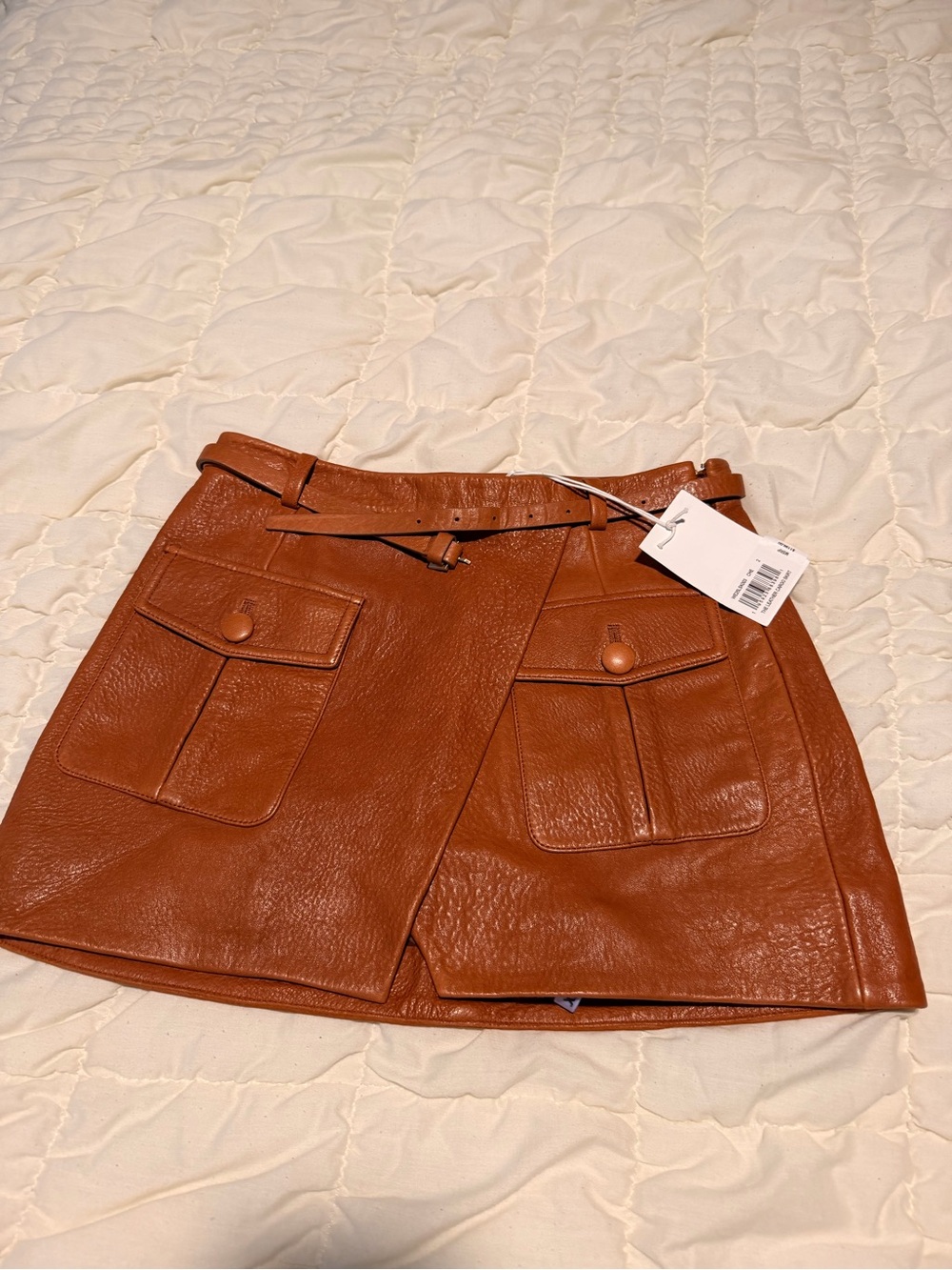 Frame Denim Cognac Faux Leather Mini Skirt with Belt
